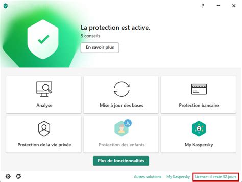 Où entrer le code d'activation dans une application de Kaspersky.